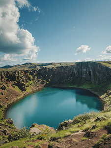 冰岛火山口的凯里德湖景观