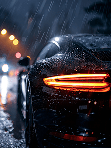 雨中汽车摄影照片_雨滴中的黑色高级轿车运输