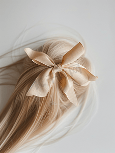 白色背景上一缕金色的头发带着米色的蝴蝶结