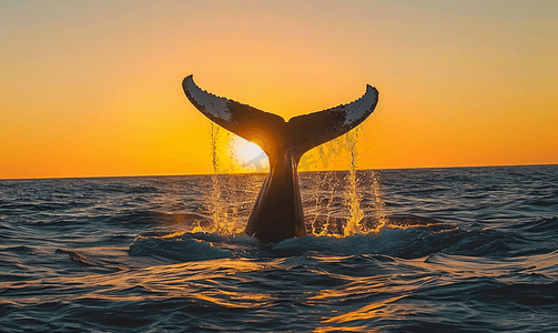 梦幻蓝鲸摄影照片_墨西哥南下加利福尼亚州日落时分蓝鲸尾巴是世界上最大的动物