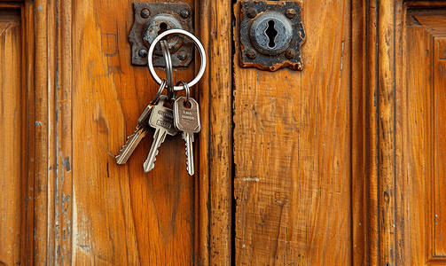 一键更新摄影照片_木门锁中的一串钥匙