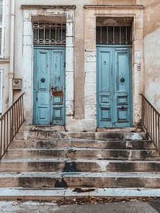 通往马赛一栋老建筑两扇门的台阶