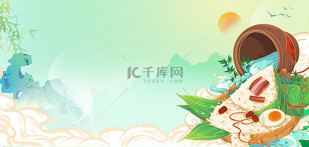 中国风浮雕圆框背景图片_国潮中国风绿色端午节粽子祥云山水背景