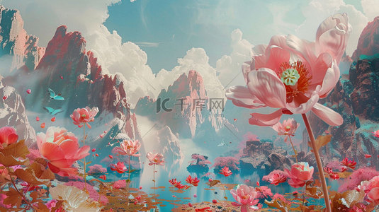 桃花高山流水合成创意素材背景