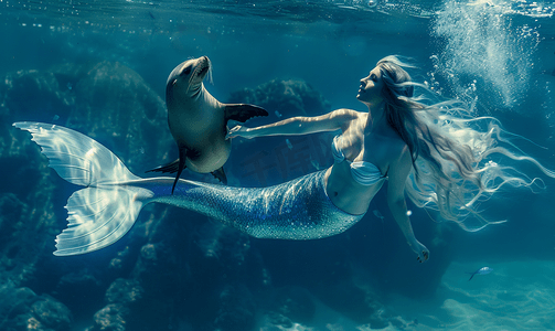 美丽的美人鱼与海狮在深蓝色的海水中游泳