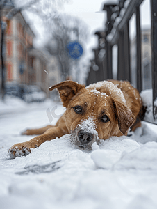 冬季街头流浪狗狗躺在雪地里没有主人的宠物