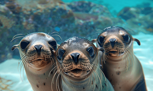 海狮家族在水下看着你