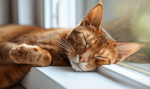 卡通小猫睡觉摄影照片_一只姜黄色的懒惰的阿比西尼亚猫睡在窗台上