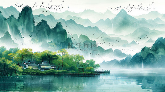 背景流水背景图片_高山流水村庄合成创意素材背景