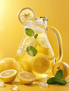 投手摄影照片_玻璃水罐与天然柠檬水饮料