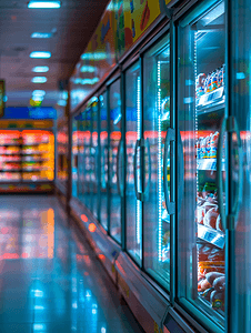 烧烤店门头摄影照片_超市商用冰箱冰柜展示冷冻食品抽象模糊背景