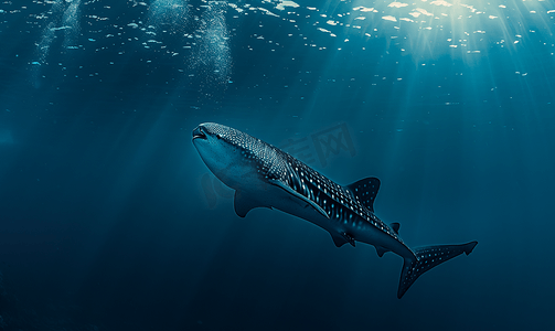 鲨鱼叫声摄影照片_鲸鲨在深蓝色的海水中接近水肺潜水员似乎正在发起攻击