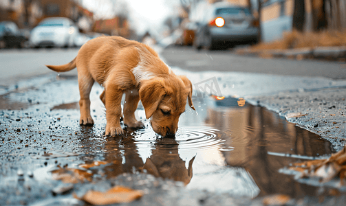 雨后街上的小狗从水坑里喝水