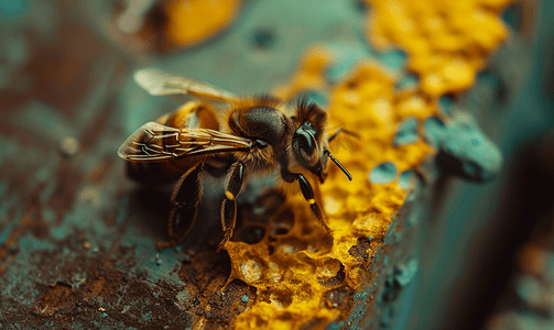 蜂巢格背景摄影照片_蜂箱中蜜蜂的特写