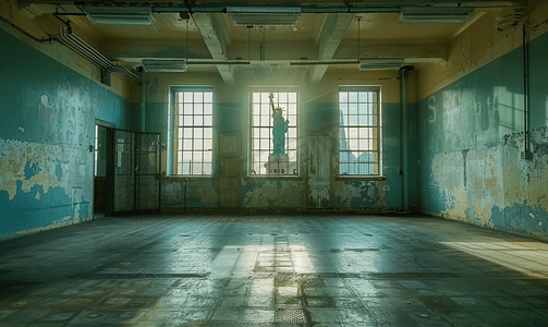 隔离室从埃利斯岛废弃的精神病院观看自由女神像