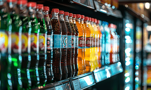 家电卖场开业摄影照片_货架上有软饮料瓶的超市冰箱抽象模糊背景