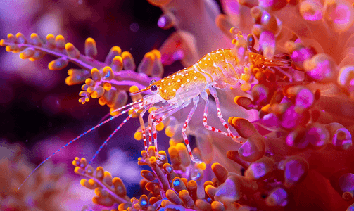 水花虾摄影照片_红色软珊瑚宏上的彩色玉米花虾