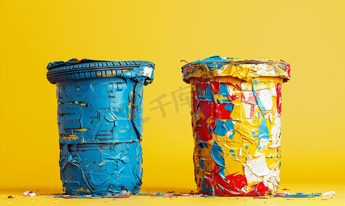 垃圾回收人物摄影照片_两个用旧汽车橡胶轮胎制成的彩色垃圾桶