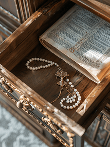 平面客厅摄影照片_打开抽屉里的圣经书上的宝石念珠