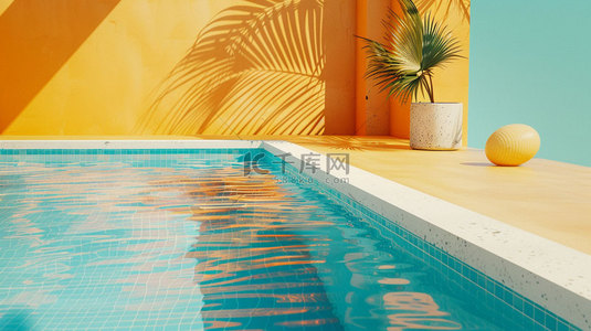 泳池扔水球背景图片_泳池椰树建筑合成创意素材背景