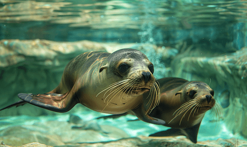 科尔特斯摄影照片_海豹家庭加利福尼亚海狮在水下放松