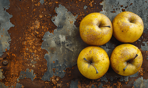 重磅掉落摄影照片_生锈的背景上掉落的烂黄苹果