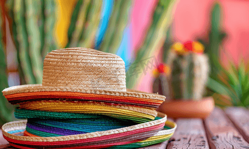 有仙人掌背景的传统墨西哥帽子