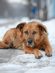 流浪狗摄影照片_冬季街头流浪狗狗躺在雪地里没有主人的宠物
