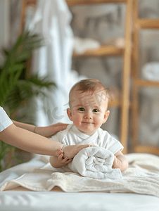 3个月的女婴正在接受一名女按摩治疗师的手臂按摩
