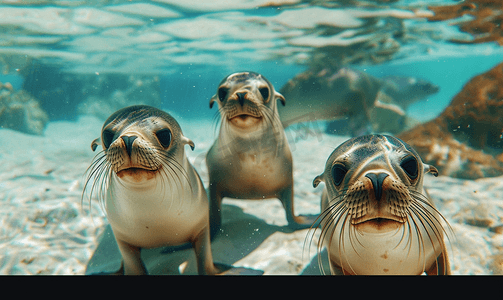 海狮家族在水下看着你