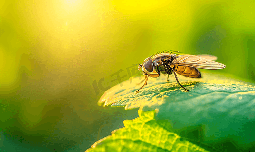 毛环在绿叶上飞舞阳光照在昆虫身上微距拍摄