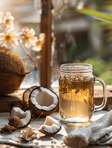 玻璃罐中的干茶和椰子