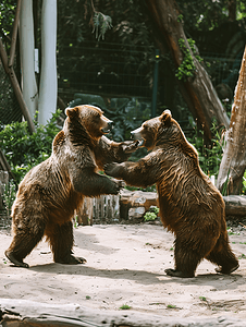 两只棕色灰熊在打架