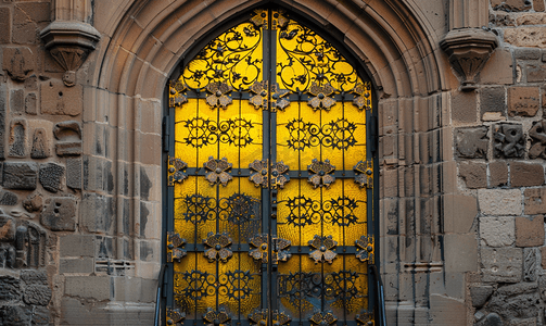 中世纪城堡黄色玻璃门细节