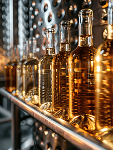 酒厂酿酒过程中排列在金属容器中的瓶子