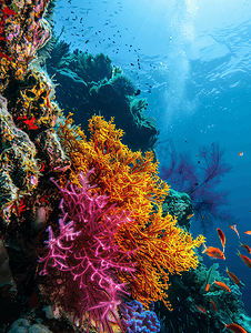 在墨西哥科尔特斯海的水下五彩缤纷的珊瑚礁中潜水