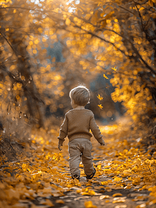 男孩在新鲜空气中走来去他正在玩黄色叶子
