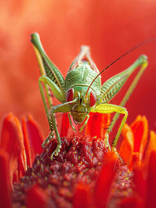 红色和绿色蟋蟀在红色的花