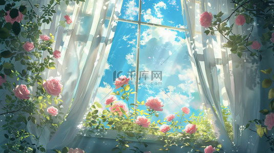 窗户窗帘鲜花合成创意素材背景