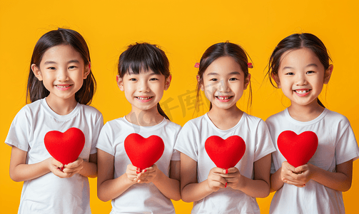 五个相同形状摄影照片_世界健康日 儿童手中握着红心 保健