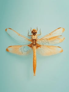 浅蓝色背景中的孤立金蜻蜓