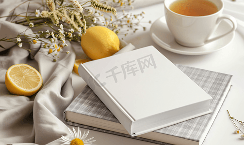 白色空白书籍配灰色格子杯柠檬茶和干花模型设计