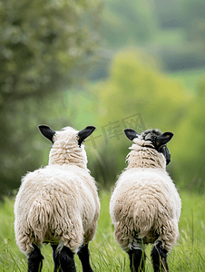 长毛羊摄影照片_绿草背景中从后背取下的两只长毛羊