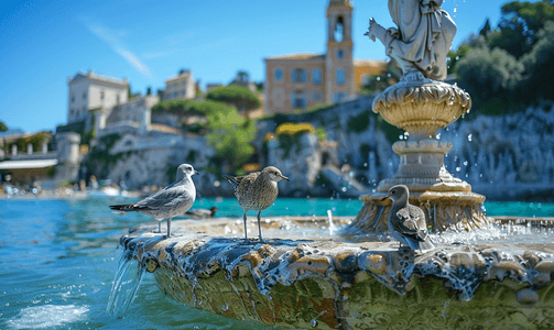 背景纪念碑摄影照片_鸟儿栖息在海王星雕像喷泉上背景是历史建筑