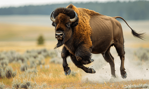 黄石公园拉马尔山谷奔跑的野牛