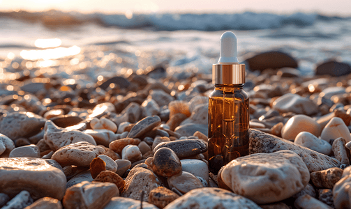 精华化妆品摄影照片_一个化妆品滴管瓶立在海边的石头上背景是大海