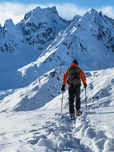 运动徒步蓝色摄影照片_孤立的雪鞋徒步旅行者在雪地上行走