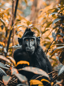 冠摄影照片_森林里微笑的黑冠猕猴