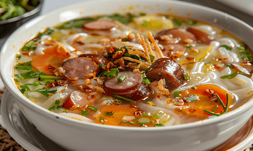 粉面条食品摄影照片_越南米粉汤配越南香肠配蔬菜和脆洋葱