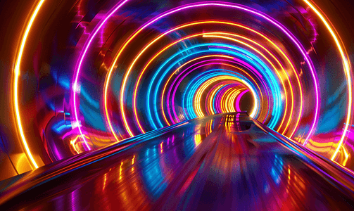 舞台炫酷光摄影照片_霓虹灯圈和线条摘要背景光谱鲜艳的颜色隧道霓虹灯
